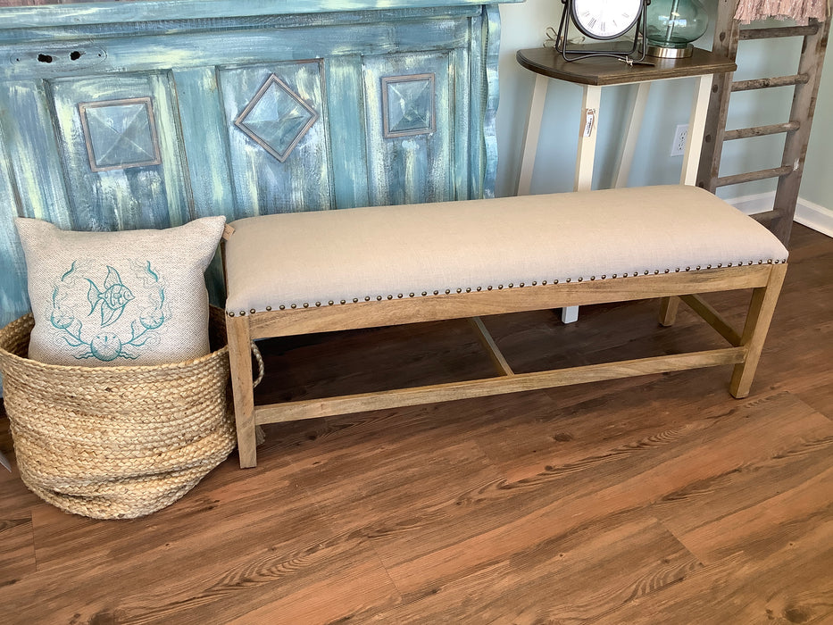 Mango wood upholstered bench