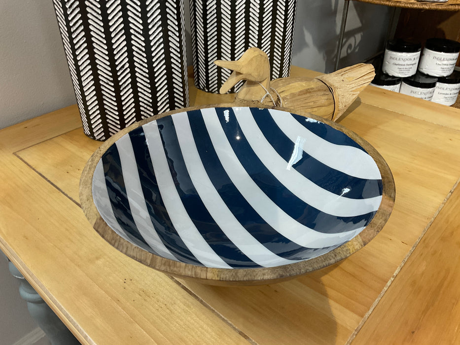 Blue and white striped wood bowl