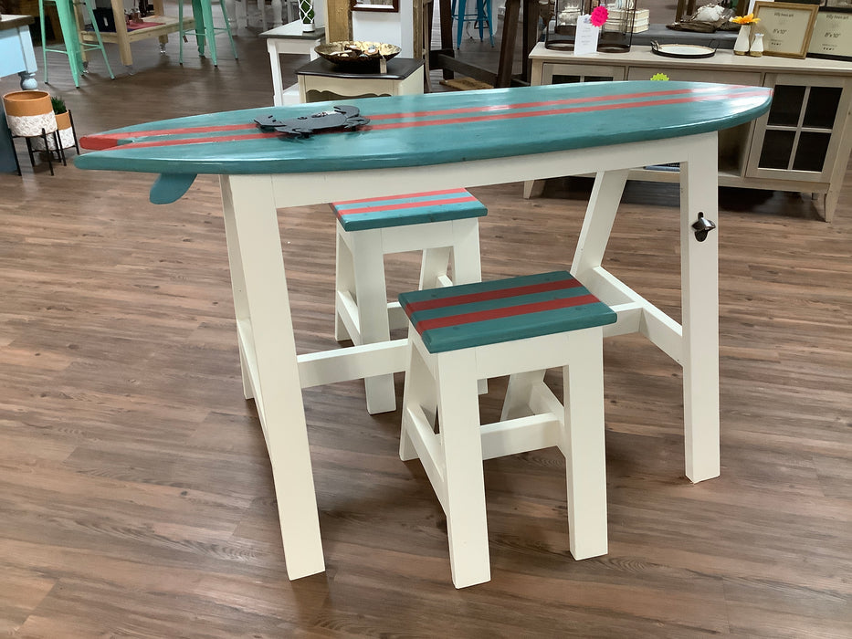 Surfboard table with 2 bar stools