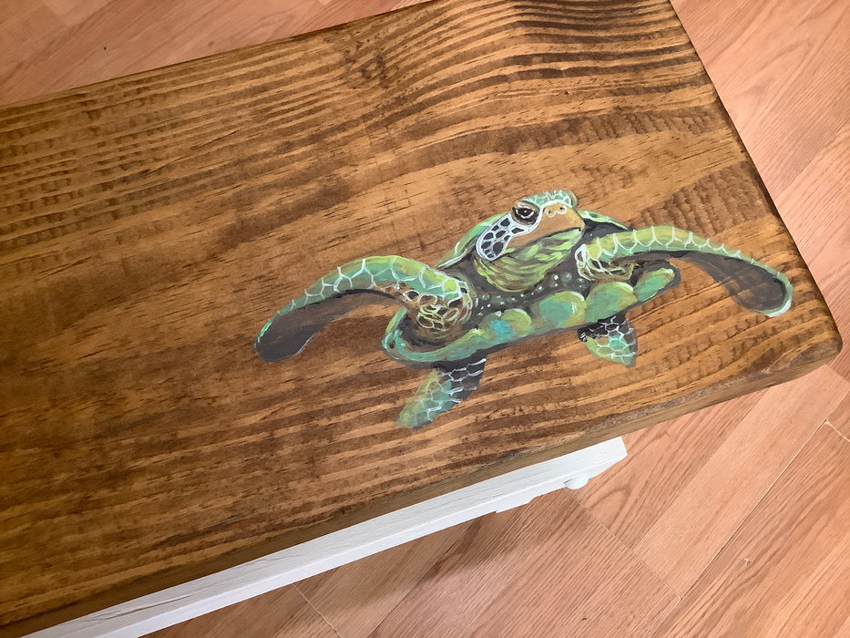 Wood bench with turtle
