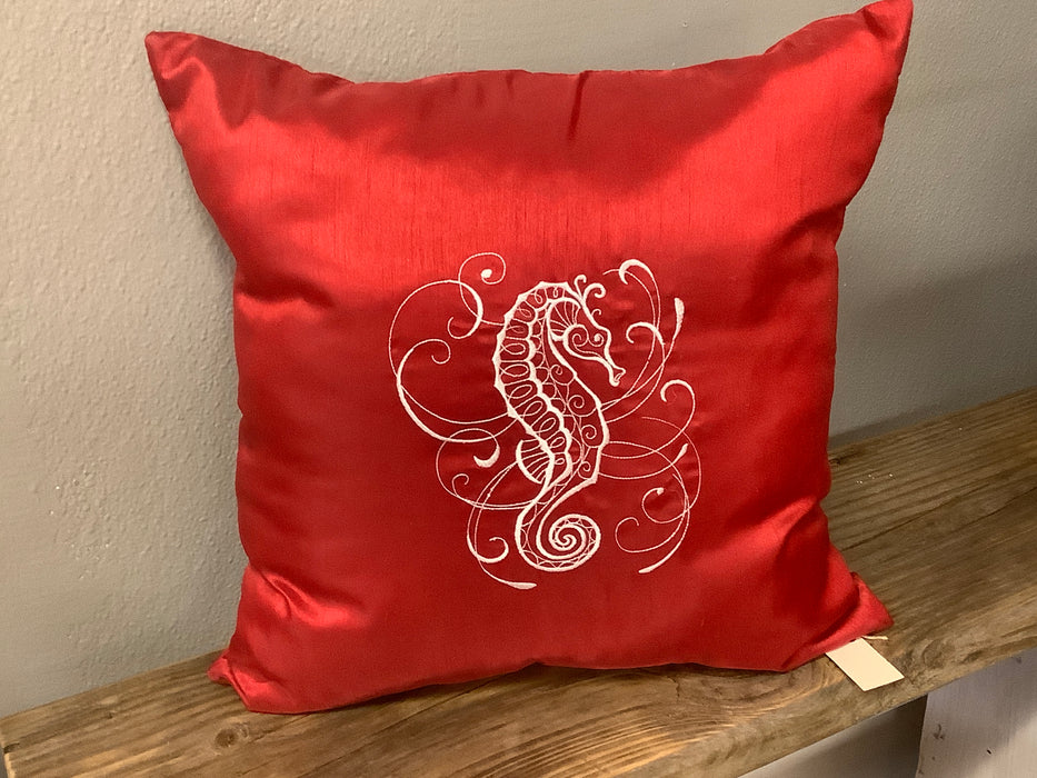 Red pillow with Seahorse embroidered