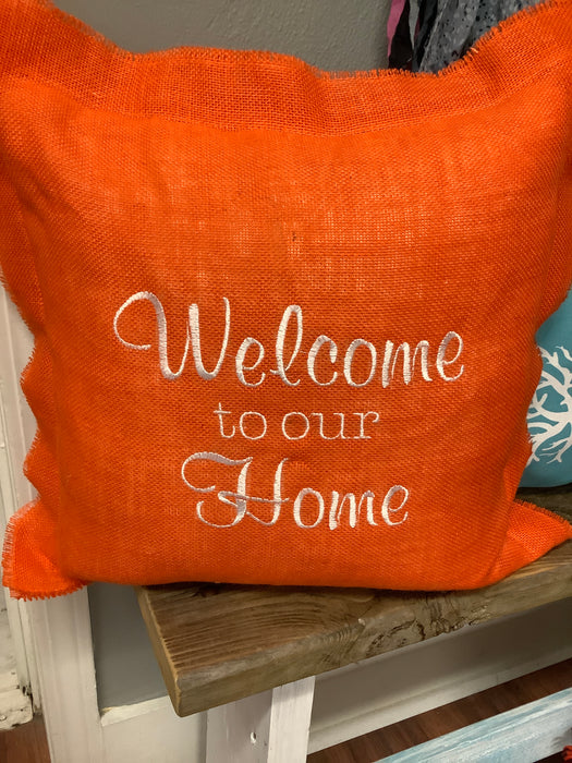Burlap pillow - welcome to our home