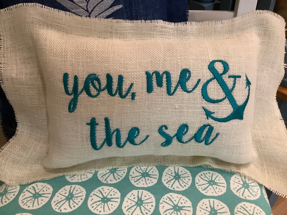 Burlap pillow - You, me, & the sea