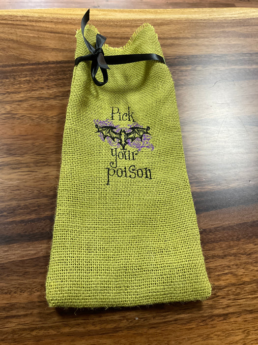 Embroidered burlap bottle bags - Halloween