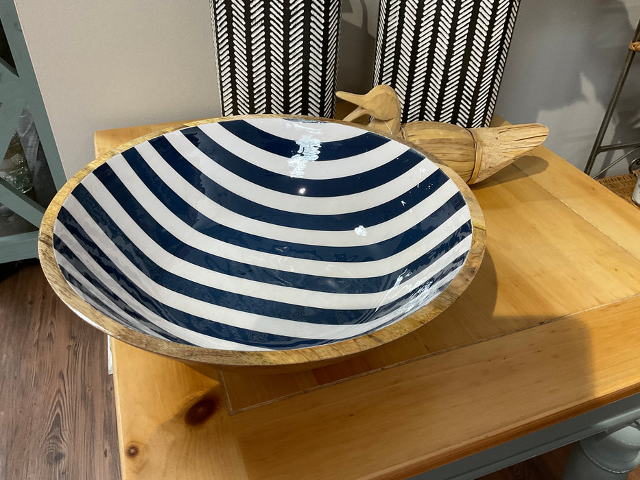 Blue and white striped wood bowl
