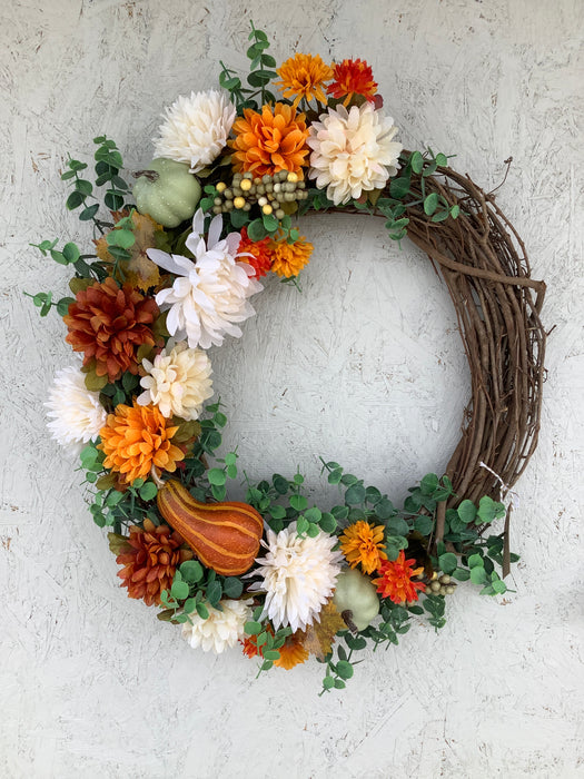 Fall wreath with pumpkin and gourd