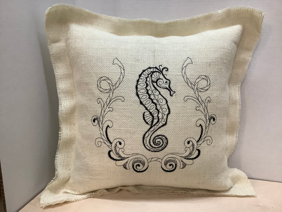Burlap pillow - seahorse laurel