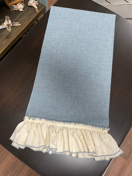 Blue table runner w/cream and blue ruffle